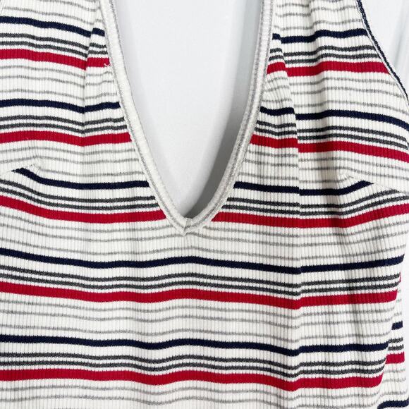 New Wild Honey M White Red Black Striped Halter Ribbed Low Back Bodysuit Cotton - Picture 6 of 11